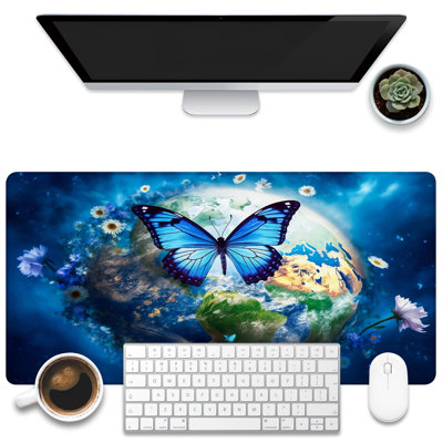 Tapis de bureau, sous-main en terre entourée de fleurs, grand tapis de souris Blue Butterfly, grand clavier pour ordinateur avec base antidérapante et bord piqué, 11,8 x 27,6 po