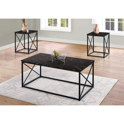 Ensemble de table, ensemble de 3 pièces, café, bout, côté, décor, salon, stratifié aspect marbre noir, métal noir, contemporain, moderne
