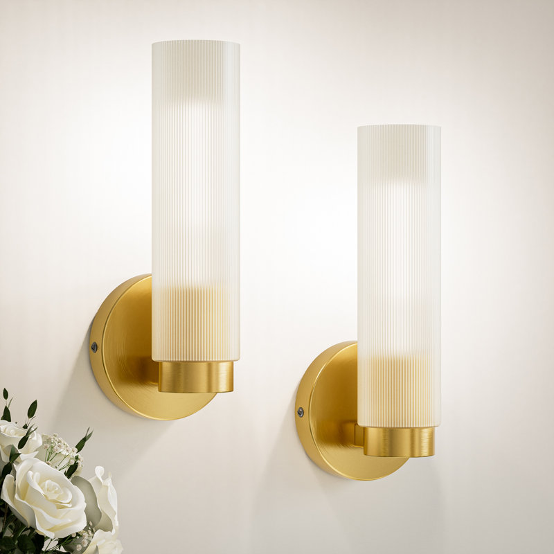 1-light Dimmable Bathroom Gold Iron Wall Armed Sconce with Frosted Glass