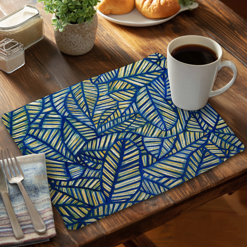 Blue Floral Braided Polyester Placemat - Blue Leaf Patterns