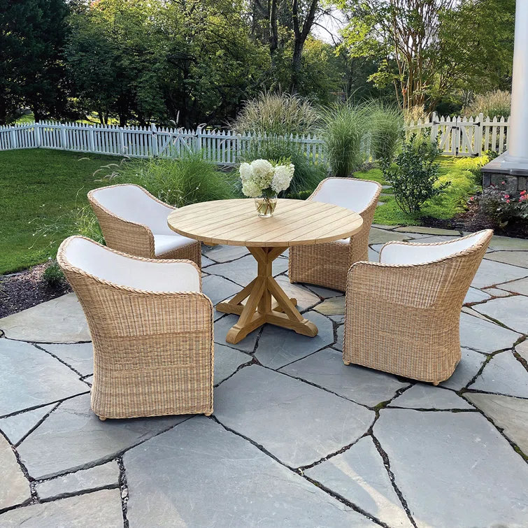 Teak and Wicker Patio Dining Set, 59" Diameter