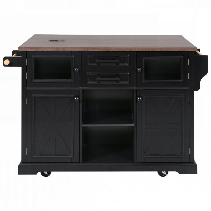 Rustic Farmhouse Kitchen Island with Drop Leaf, Power Outlet, and Ample Storage on 4 Wheels, Ideal for Modern and Traditional Kitchens.