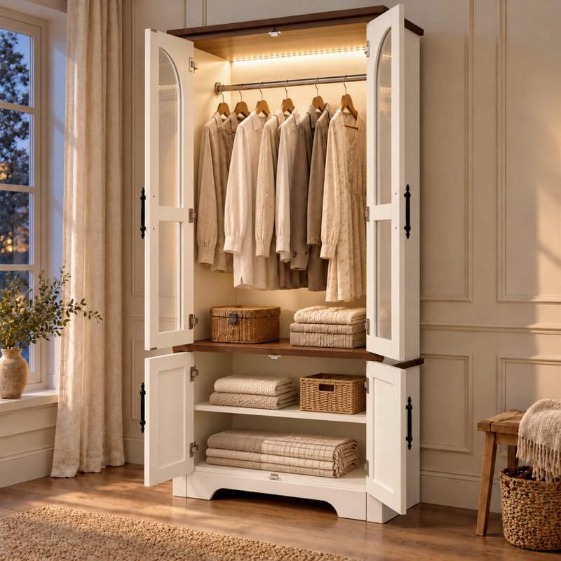  Farmhouse 2 Door Wardrobe with Arched Glass & LED Lights, Vintage Handles, Ivory White & Walnut