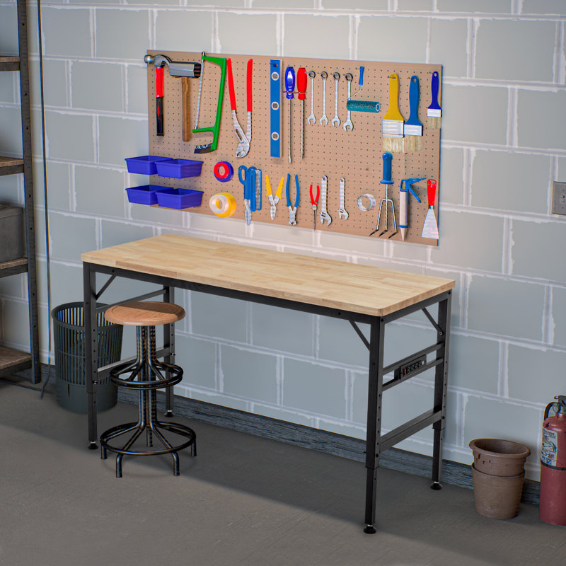 Établi à hauteur réglable, poste de travail robuste en bois d'hévéa avec prises de courant, table de travail en bois franc d'une capacité de charge de 2000 lb pour atelier, garage, bureau, maison