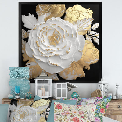 Exquise rose blanche en fleurs, glamour doré I - impression