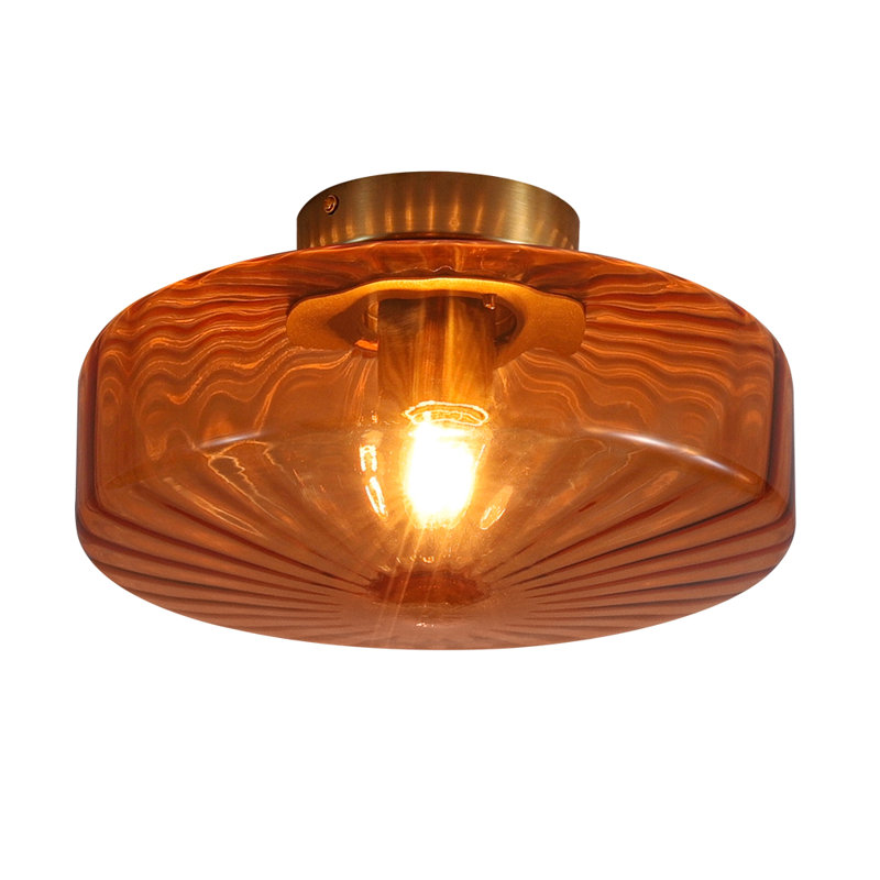 1-Light Round Amber Glass Drum Semi Flush Mount 