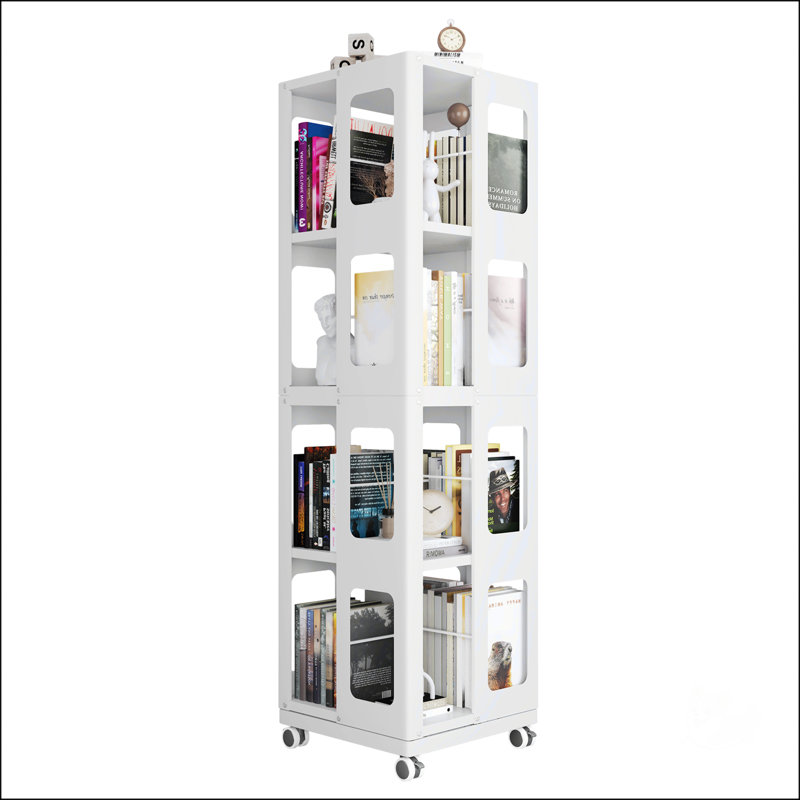 4-Tier All-Steel Rotating Bookshelf With 360° Wheels, White