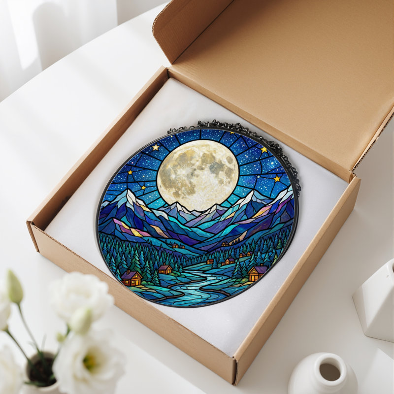 Panneau de vitrail 12 "H Moonlit Mountains, H 12 po x l 12 po