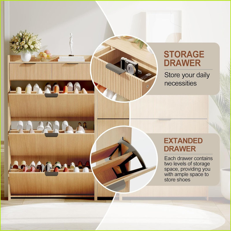 Wave Design Shoe Cabinet With 3 Slip Drawers, 2 Drawers, Raised Edges, Fluted Shoe Cabinet, Slim Hidden Shoe Organizer, Wooden Shoe Storage For Entryway, Front Door, Living Room
