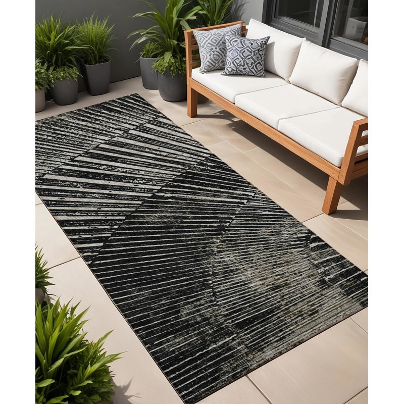8' Runner Black and Ivory Abstract Washable Non Skid Indoor Outdoor Runner Rug