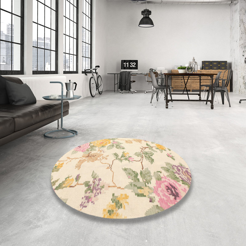Tapis beige/vert contemporain, Rond 5 pi