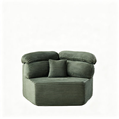 Fauteuil lounge modulaire une place en velours côtelé vert, canapé pentagonal moderne au design enveloppant avec coussins, fauteuil d'appoint confortable en mousse et ressorts pour salon ou chambre à coucher