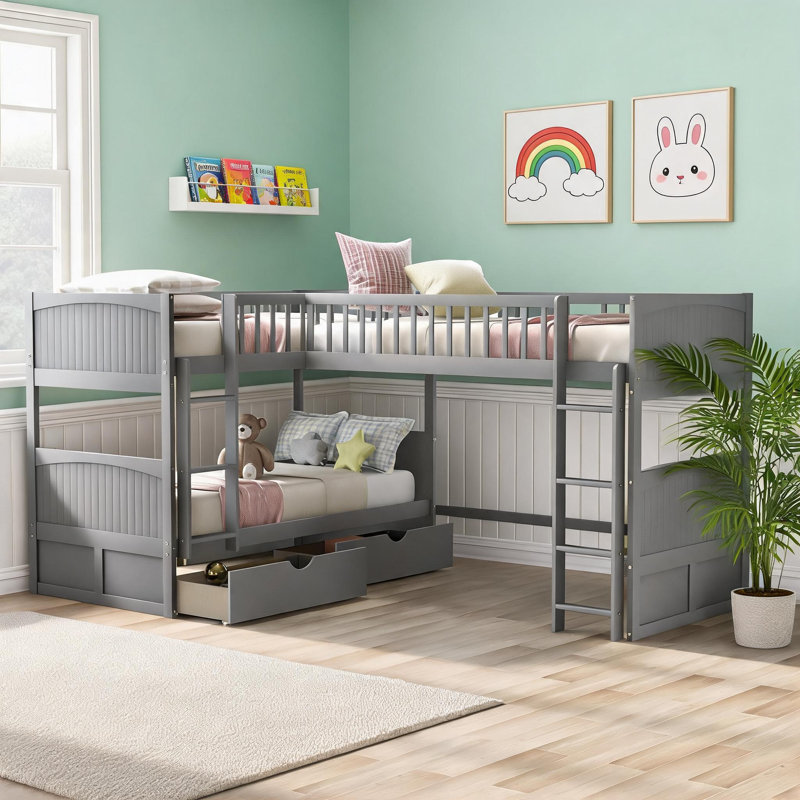 Structure de lit en bois massif aux lignes épurées pour 3 personnes, lit superposé simple en coin avec loft et tiroirs de rangement, pin gris ardoise