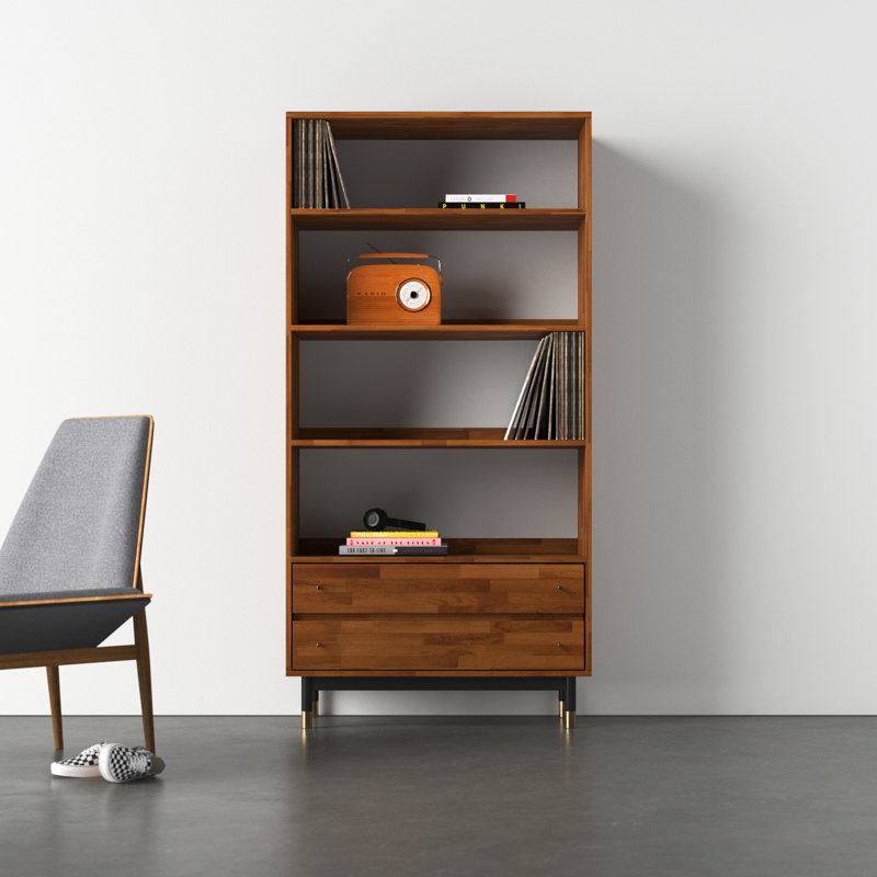 Dakota Acacia Wood Black Metal Standard Bookcase with Drawers
