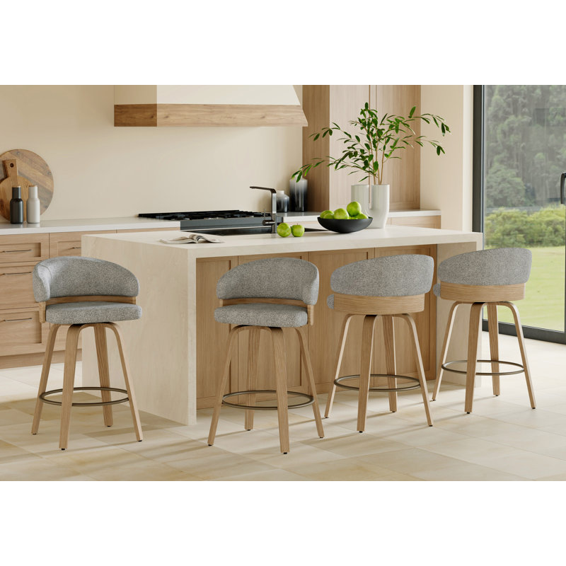 Tabouret de comptoir pivotant 26 po avec structure en bois, Counter Stool (26” Seat Height),  Siège gris / structure en chêne