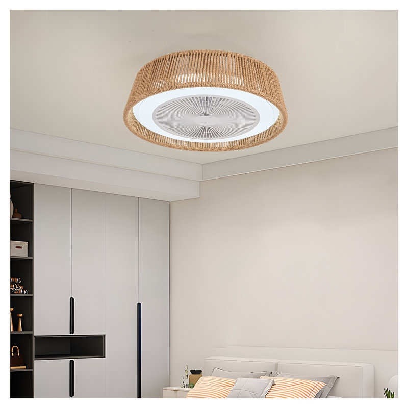 Ventilateur de plafond en corde tissé rustique moderne de 21 po avec éclairage d'ambiance à DEL RVB, plafonnier semi-encastré à moteur à courant continu pour chambre à coucher et salon