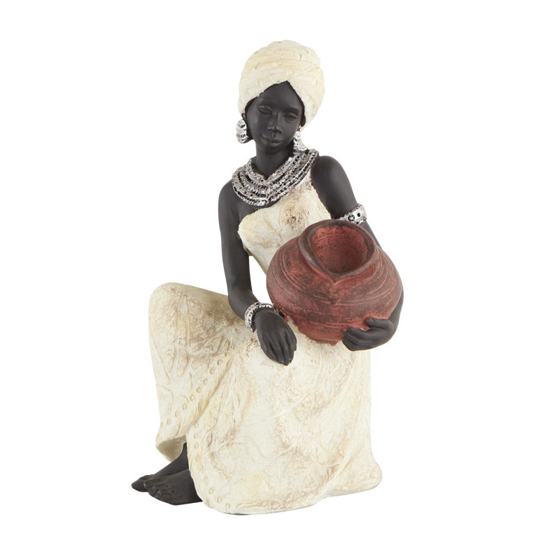 Harly Cream Polystone Sitting African Woman Sculpture with Red Water Pot