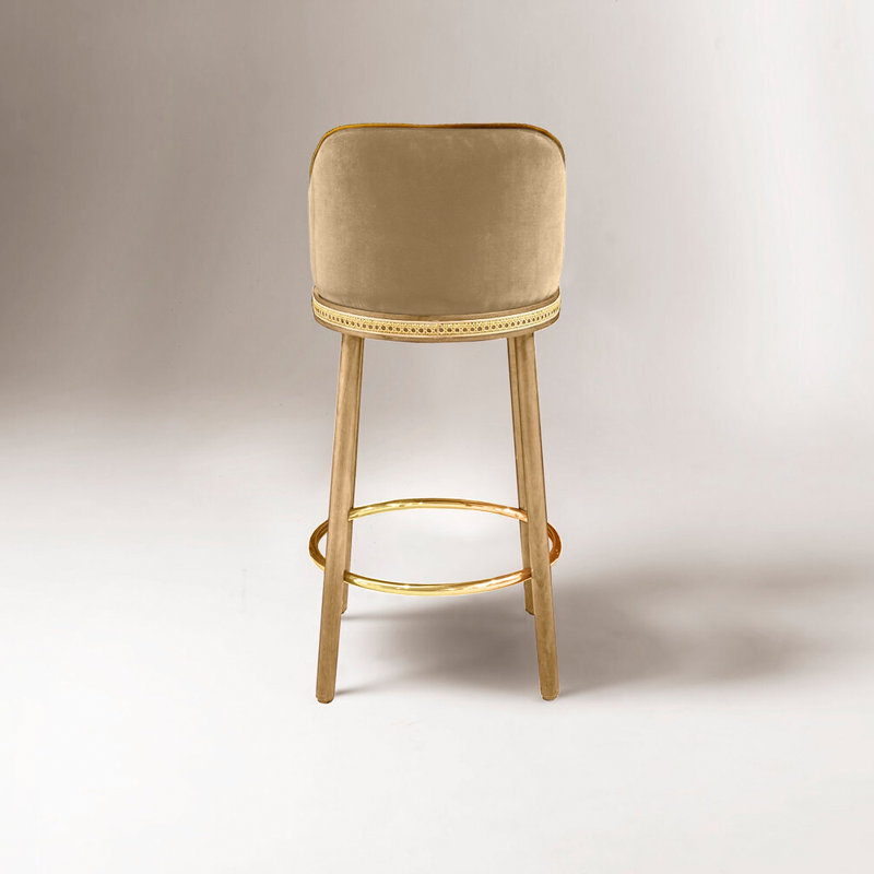 Alma Upholstered Stool with Solid Wood Frame, Bar Stool (30" Seat Height), Polished Brass, Dune