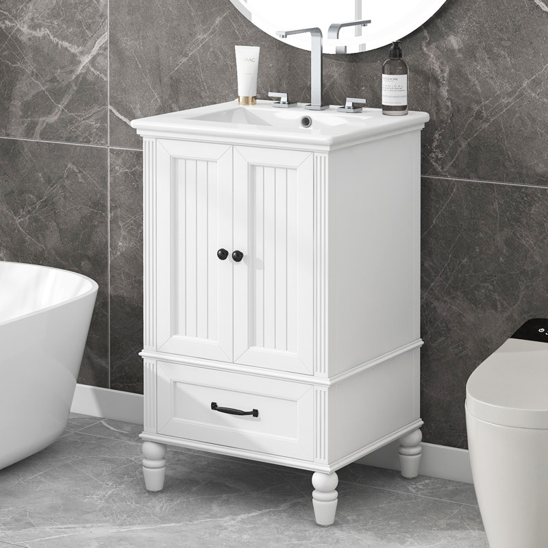 Meuble-lavabo simple 20 po avec comptoir en céramique, Noir, Blanc