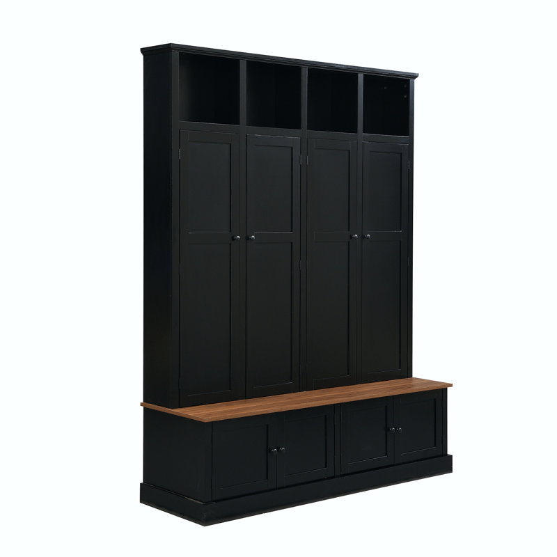 76.7''H Farmhouse Hall Tree With Bench And Cabinet, 4-In-1 Entryway Bench With Coat Rack, Modern Entryway Storage Organizer  With Open Cubbies & Hooks For Hallway, Entryway, Living Room