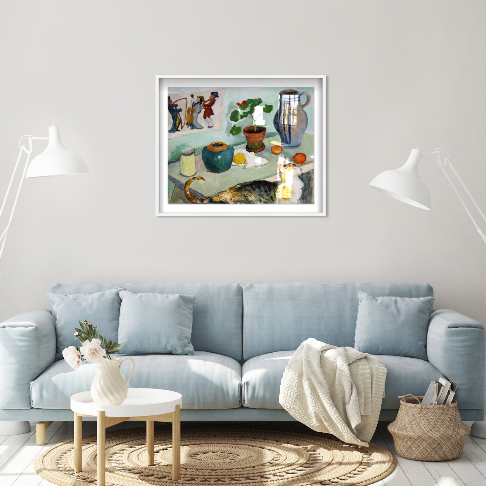 August Mackes Still Life With A Cat Art, White Framed, 31" H x 37" W x 0.5" D