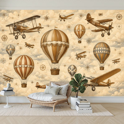 Papier peint adhésif peler et coller Vintage Air Biplanes Ballons à air chaud beige Papier autocollant amovible pour décoration de salon Chambre à coucher H 100 po x l 144 po