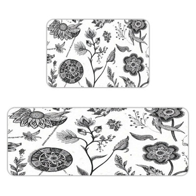 Black White Detailed Floral, 2 Pcs Non Slip Kitchen Mats