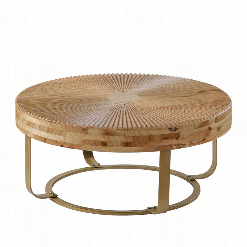 Modern Round Coffee Table Wooden Carving Pattern Coffee Table With Metal Legs For Living Room Reception Room Office, Gold