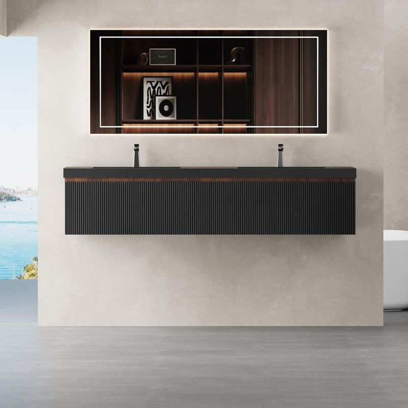 Bathroom Vanity with Sinks (Walnut+Black)