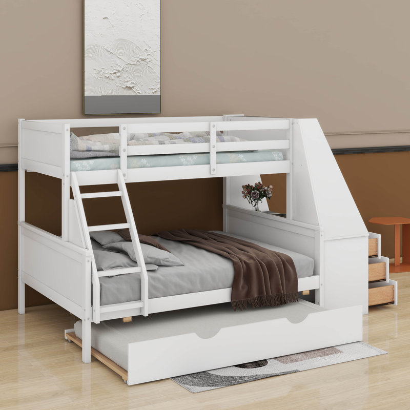 Twin Over Full Bunk Bed With Trundle And Desk, Three Storage Drawers And Shelf, White