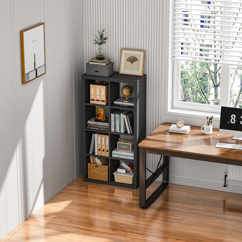 Bookshelf with Storage Bins, 12-Cube Storage Organizer Wooden Bookcase Modern Open Display Shelf, Black