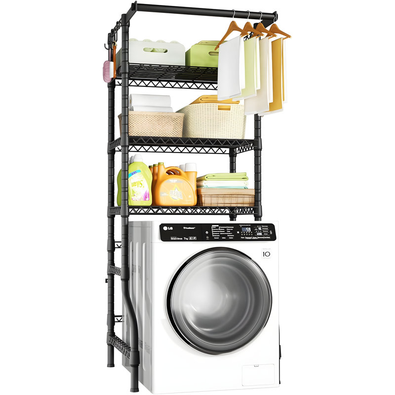 U11 Mini 3-tier Laundry Room Storage Shelf With Drying Rack, Over Washer And Dryer Freestanding Organizer With Adjustable Wire Shelves And Hanging Rod, Black
