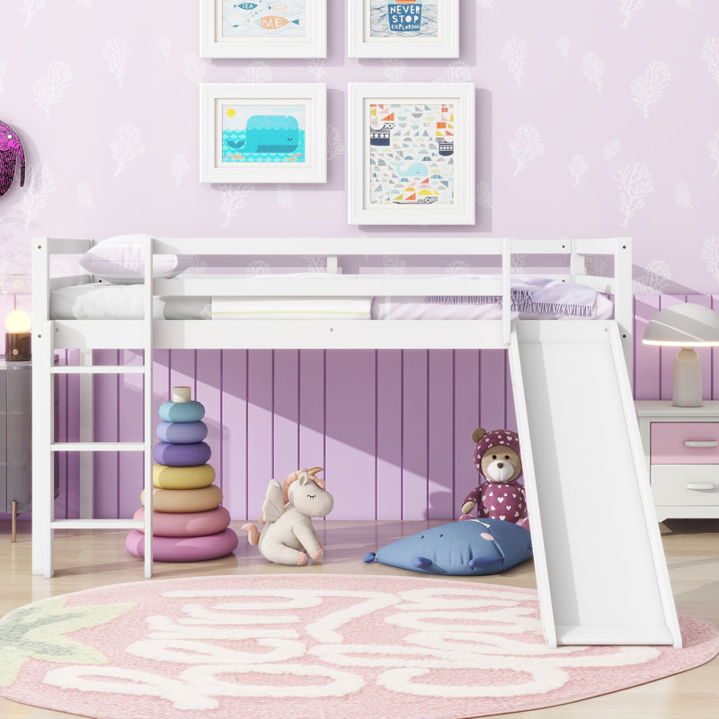 Twin Low Loft Bed with Slide, Ladder and Guardrails, Solid Rubber Wood Kids Loft Bed with Safety Features, White