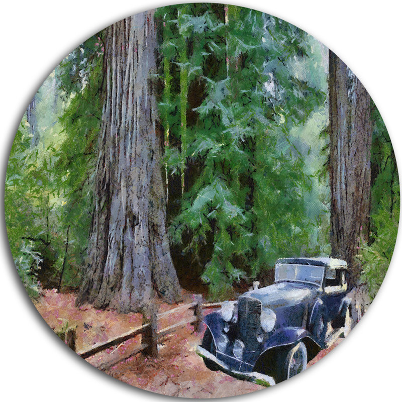 «Vintage Car in Forest», reproduction de peinture à l'huile sur métal, H 23 po x l 23 po x P 1 po