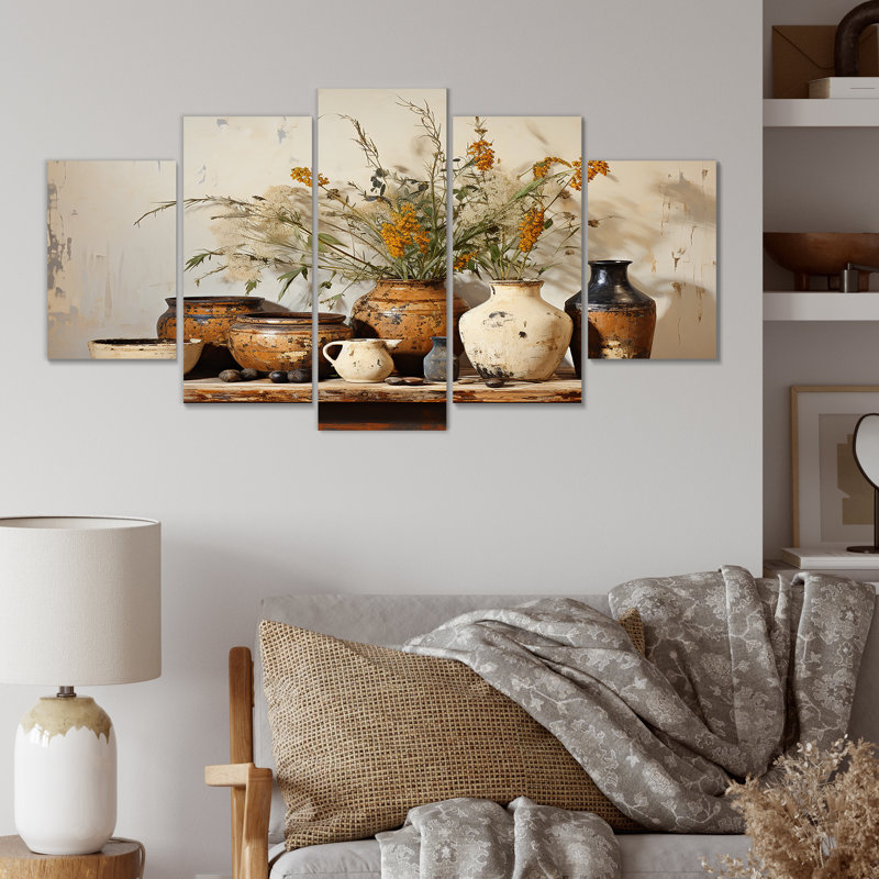  «Brown Floral Vintage Pottery Artifacts - Boho Pottery Multipanel Wall Art Canvas