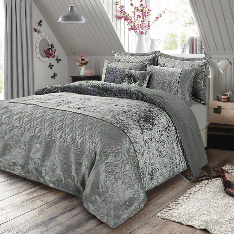 Santiago 3 Piece Crushed Velvet Duvet Cover Set Ultra Soft Luxurious and Easy Care Bedding, Silver