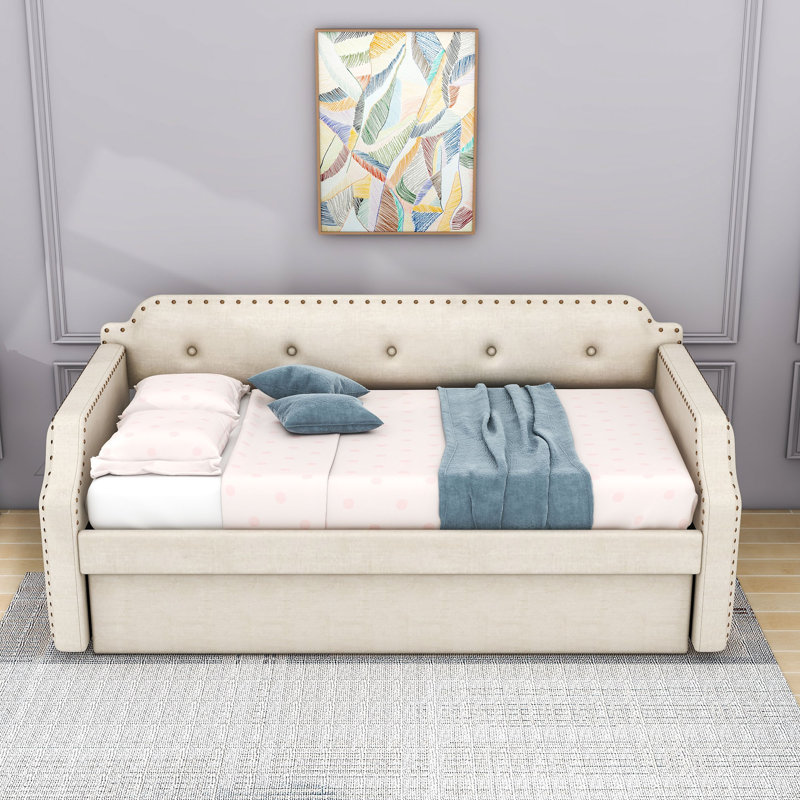 Twin Upholstered Daybed with Trundle and Slats
