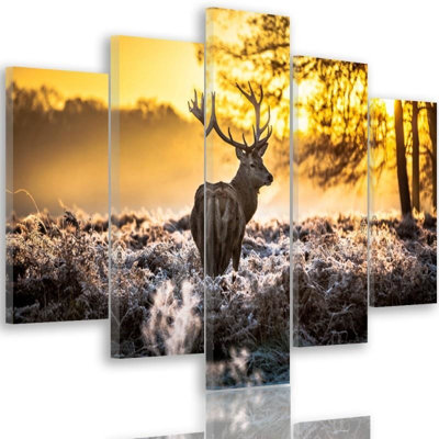 Deer Forest Sunset - 5 Piece No Frame Print on Canvas