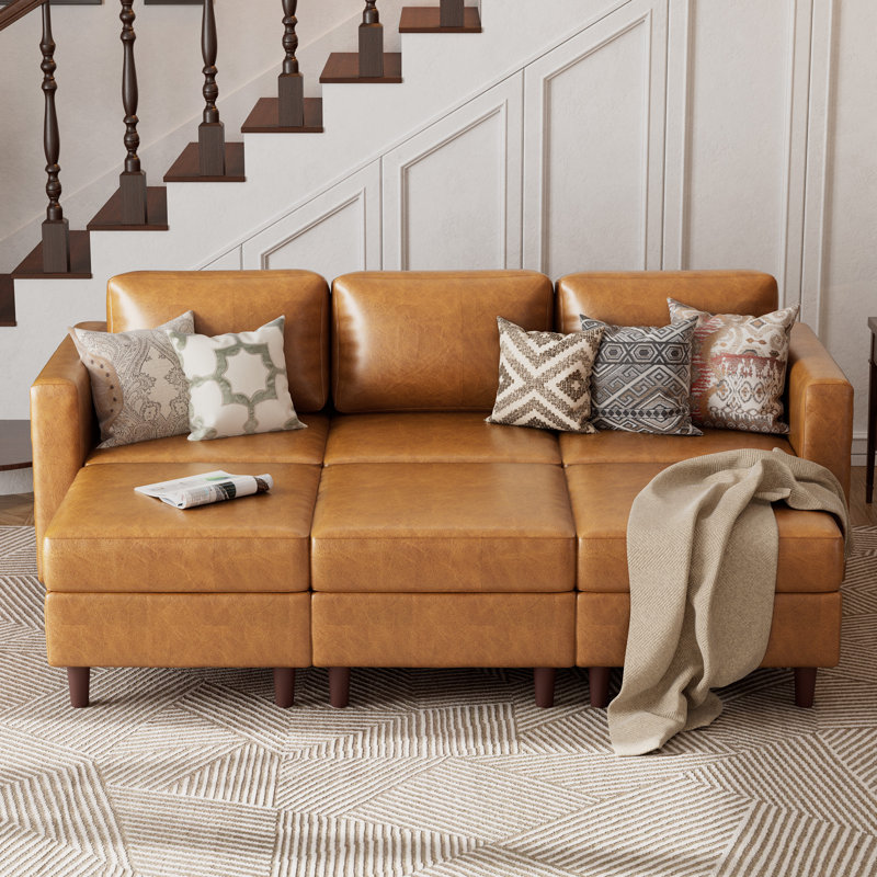 6-Piece 91.5'' Reversible Modern L-Shape Sectional Sofa With Storage Seat- Faux Leather Brown, Brown Faux Leather