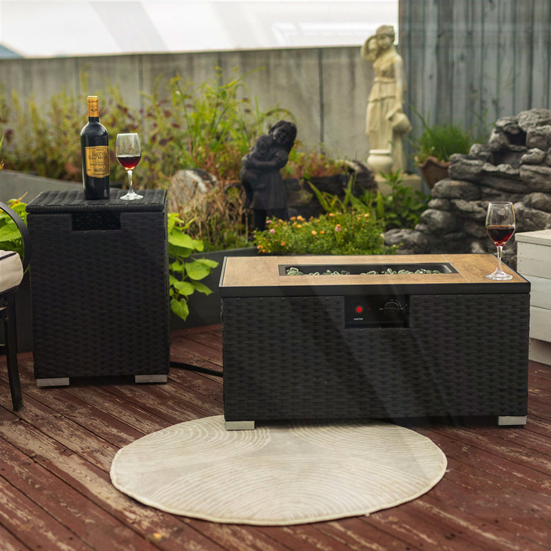 Rattan Fire Pit Table with Propane Tank Holder, Fire Table with Ceramic Tile Table Top