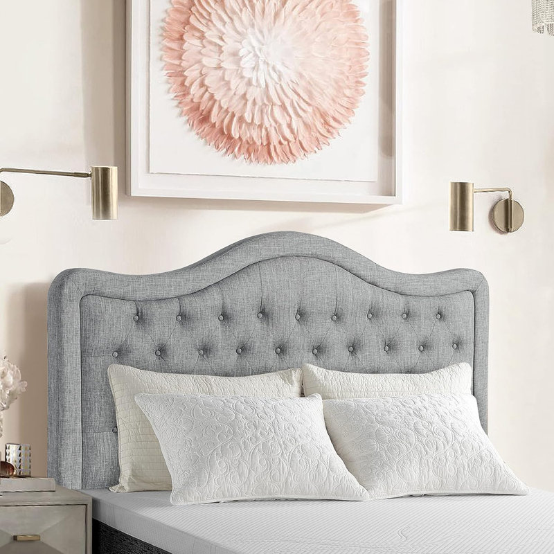 Upholstered Tufted Natural Linen Adjustable Headboard Bed with Adjustable Height for Bedroom, Full, Gray, Full