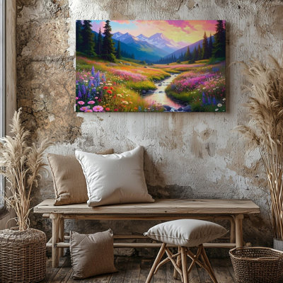 Wall Art Alpine Meadow Glow Golden Hour Stream And Wildflower Valley Art Canvas Ready To Hang Gallery Wrapped Home Decor Modern Design