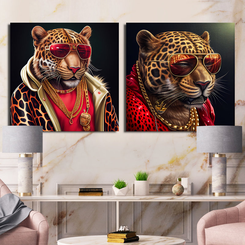 Fashion Tiger - Ensemble de 2 animaux carrés, H 30 po x l 61 po, Toile tendue