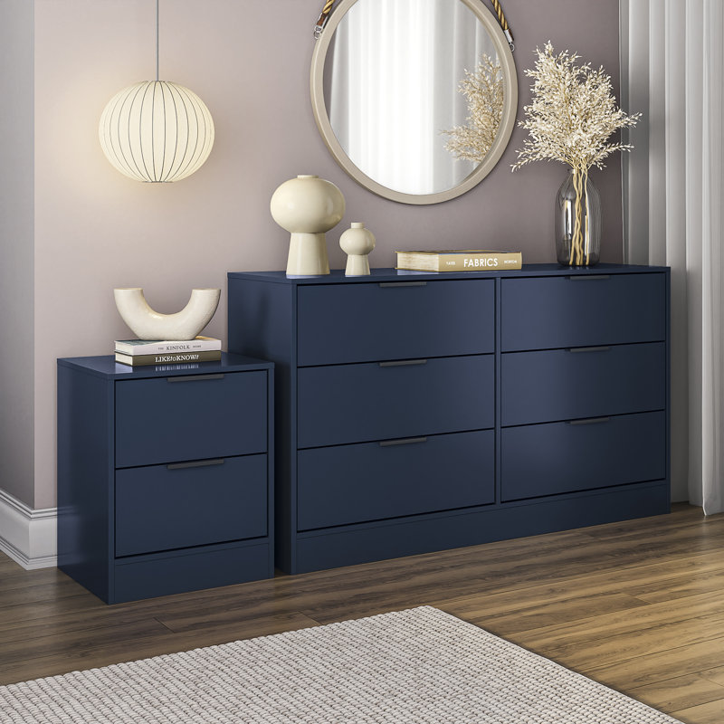 Ensemble de chambre à coucher 2 pièces avec commode à 6 tiroirs et table de chevet l 52,75 po Maiesha, Blue