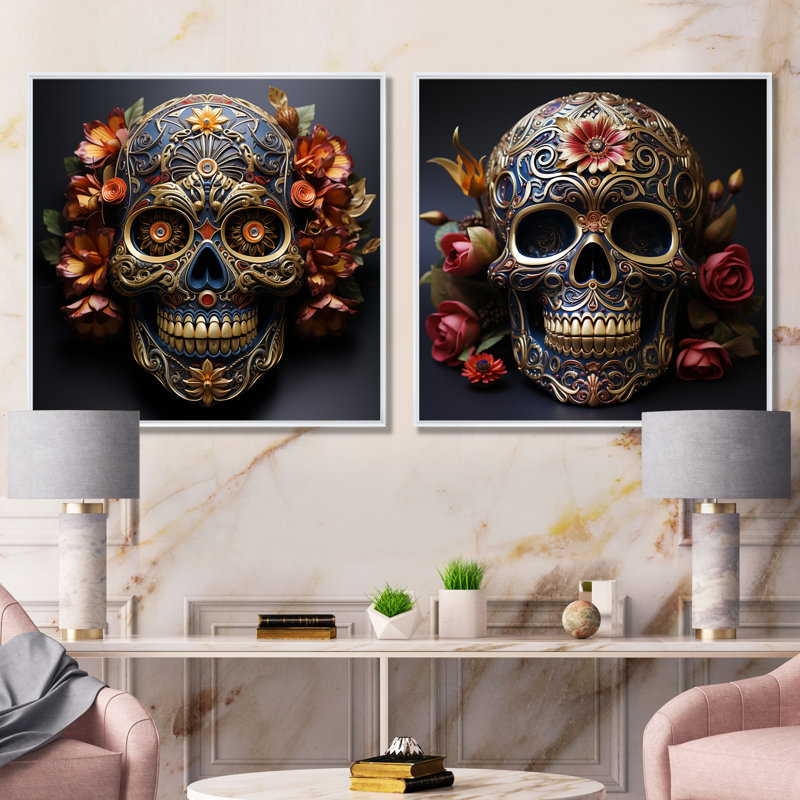 Or floral, crâne mexicain I - ensemble de 2 reproductions d'art mural tête de mort, Toile tendue