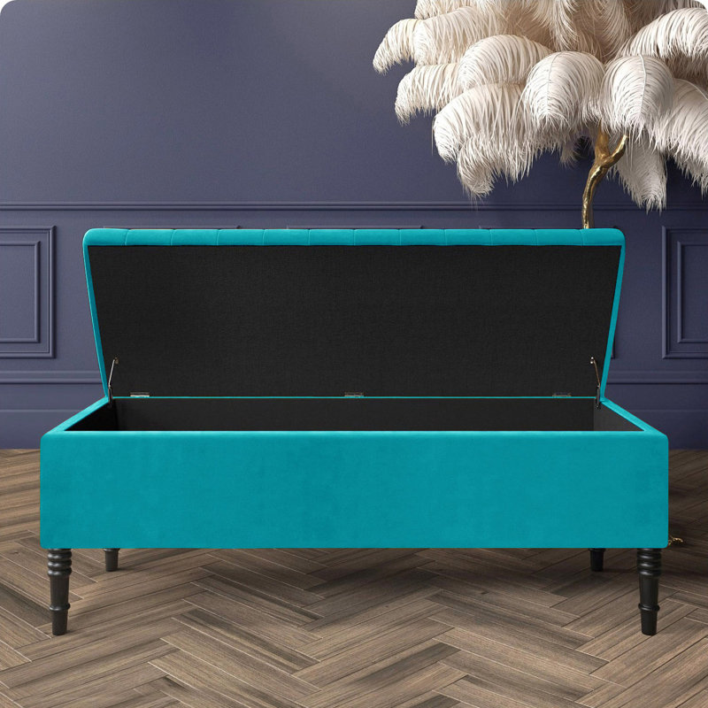 Paris Striped Ottoman Storage Bench - Upholstered Plush Velvet Shoes Bench with Black Turned Wooden Legs, Teal