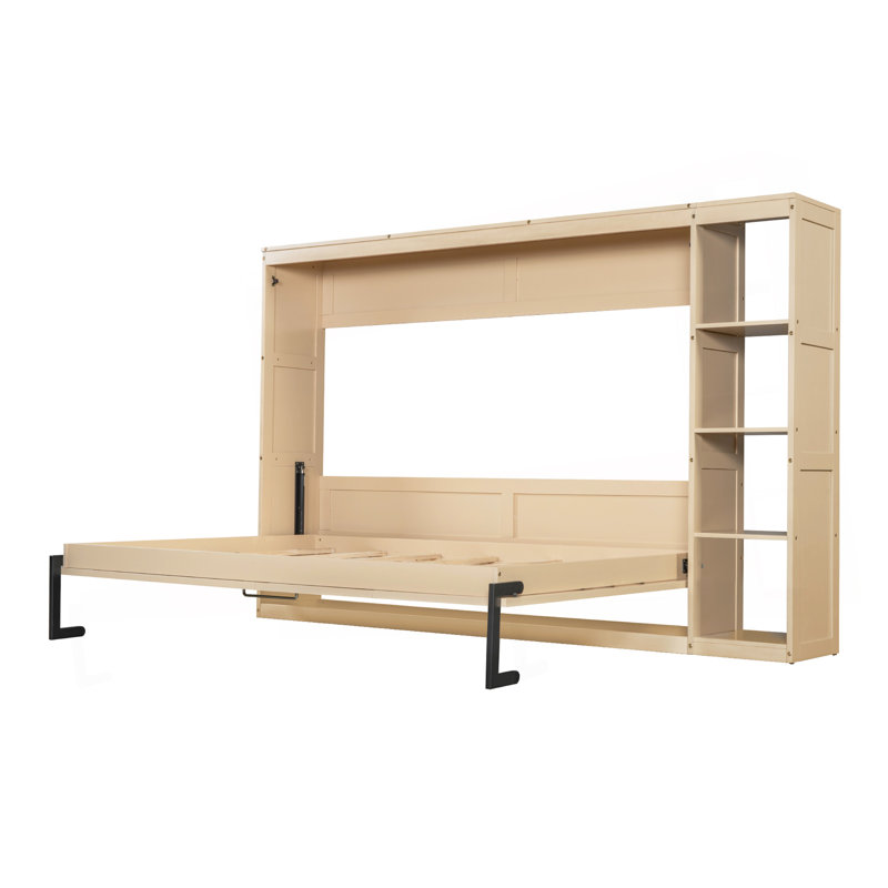 Lit escamotable double avec bibliothèque, naturel, Naturel, Lit double