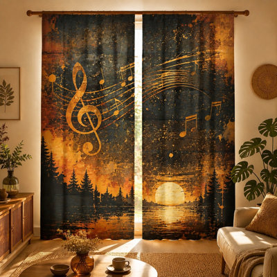 2 pièces de rideaux coucher de soleil forêt avec notes de musique, tissu filtrant la lumière, design rétro artistique, parasol et protection de la vie privée, passe-tringle, convient au salon, à la chambre à coucher, au balcon et à la cuisine