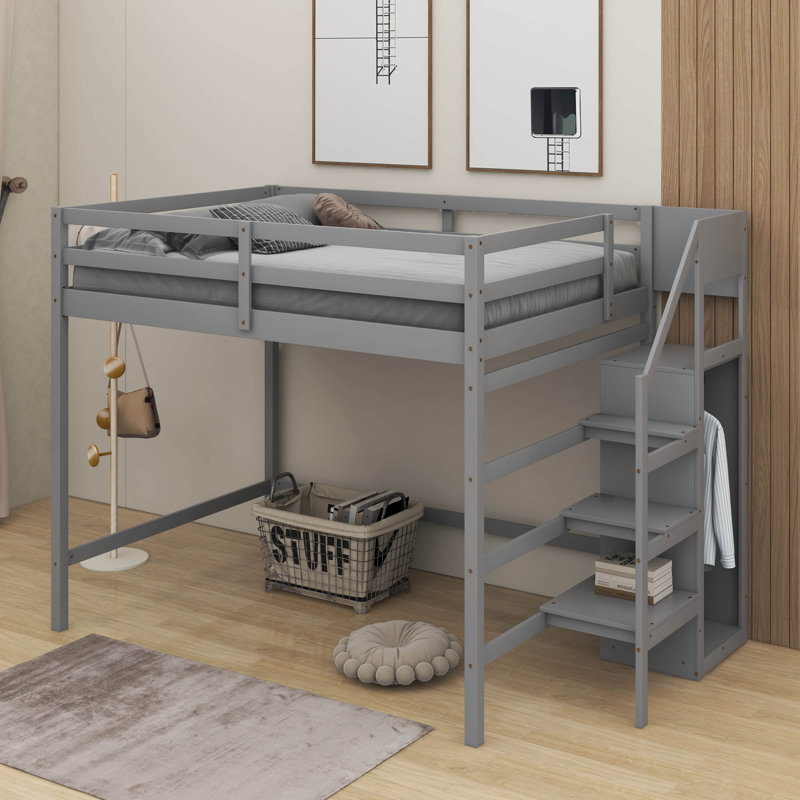 Full Size Loft Bed With Wardrobe, Gray