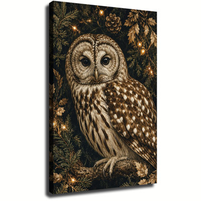 Spotted Owl On Tree Branch With Pine Leaves Pinecones And Warm Fairy Lights Canvas Wall Art